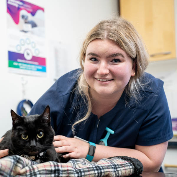 A smiling person with long hair, wearing a blue uniform, is leaning on a table with a black cat lying on a plaid blanket. The setting appears to be a veterinary clinic, with posters and cabinets in the background.