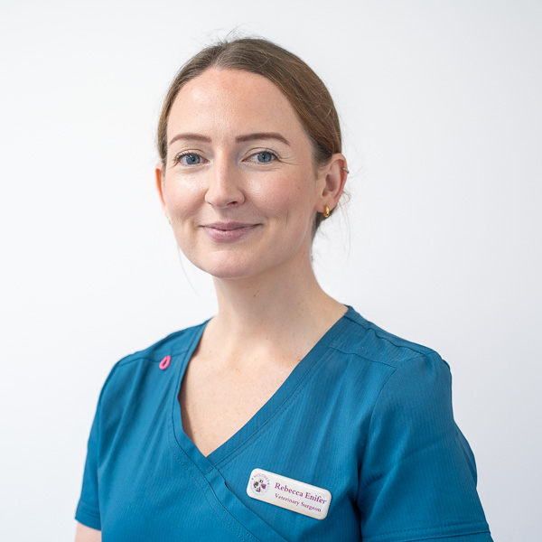 A woman with brown hair wears a blue uniform and a name badge. She stands against a plain white background and smiles slightly.